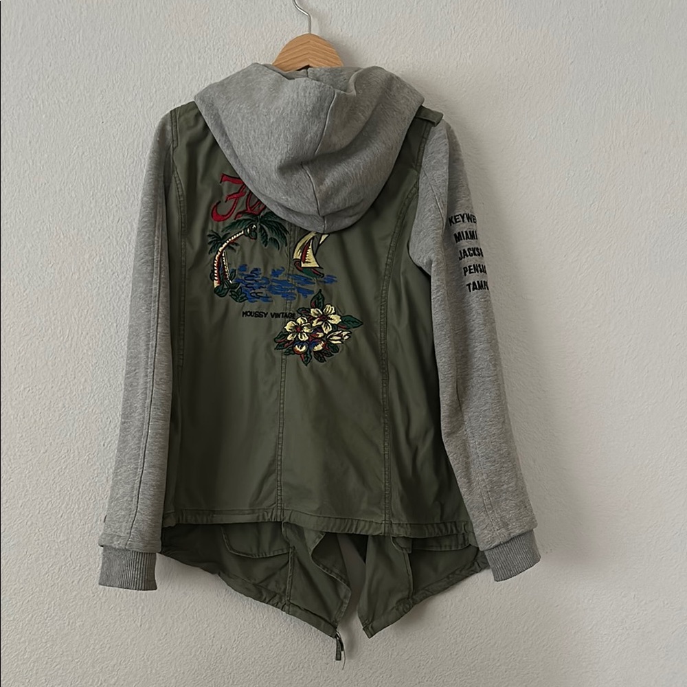 Moussy military jacket khaki and Gray Hooded Jacket with Embroidery